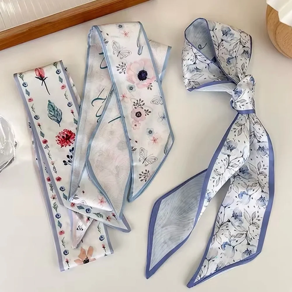 Romantic Floral Twilly Silk Scarf Set French Girl Coquette Ribbon Botanical